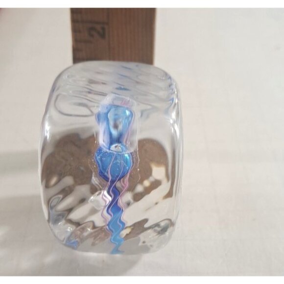 Crystal Paperweight Blue Abstract Blue Pink Art Glass Signed Office Desk 1.5" - Picture 5 of 5